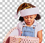 Christmas, gift and girl child surprise, wow and curious in stud