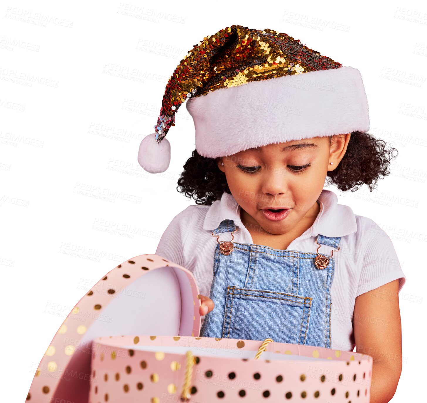 Buy stock photo Isolated girl, wow and Christmas gift with smile, excited face and festive holiday by transparent png background. Young child, gift or present package for prize box, party and event with xmas fashion