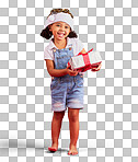 Portrait, christmas and gift with a black girl on a red backgrou