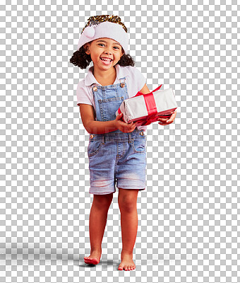 Buy stock photo Isolated girl child, Christmas and gift in portrait, smile and excited for festive holiday by transparent png background. Young kid, present and box for culture, party and event with xmas fashion