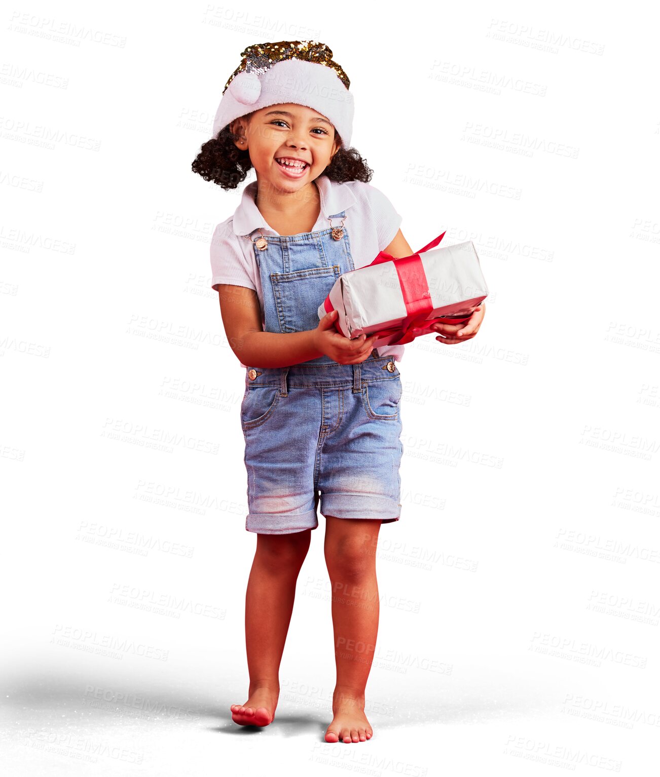 Buy stock photo Isolated girl child, Christmas and gift in portrait, smile and excited for festive holiday by transparent png background. Young kid, present and box for culture, party and event with xmas fashion