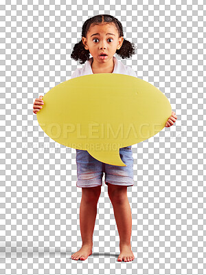 Shocked, child or portrait of speech bubble ideas, opinion or vo