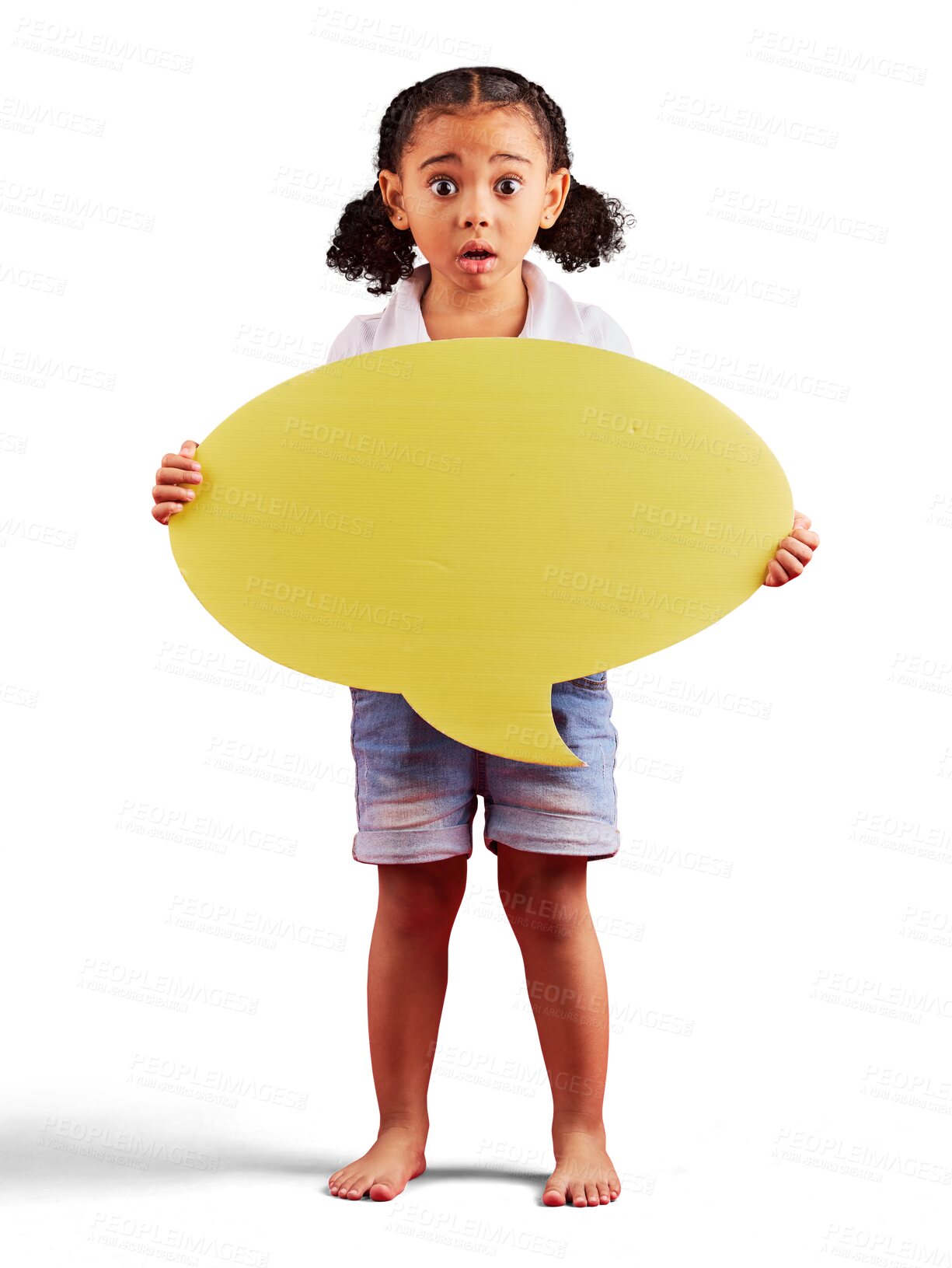 Buy stock photo Girl kid, wow in portrait with speech bubble, opinion and voice on png transparent background. News dialogue, surprise social media announcement and female child, mockup with comment or feedback