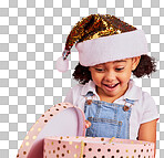 Wow, christmas and gift with a black girl on a red background in