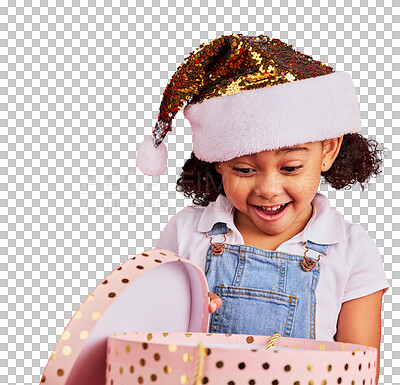 Buy stock photo Isolated girl kid, surprise and Christmas gift with excited smile, festive holiday and transparent png background. Young child, open box or present package for culture, party or event in xmas fashion
