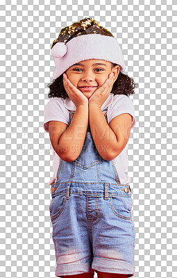 Buy stock photo Little girl, happy and portrait smile for Christmas, celebration or festive isolated on a transparent png background. Smile, child and excited for a fun holiday, vacation or season with a hat