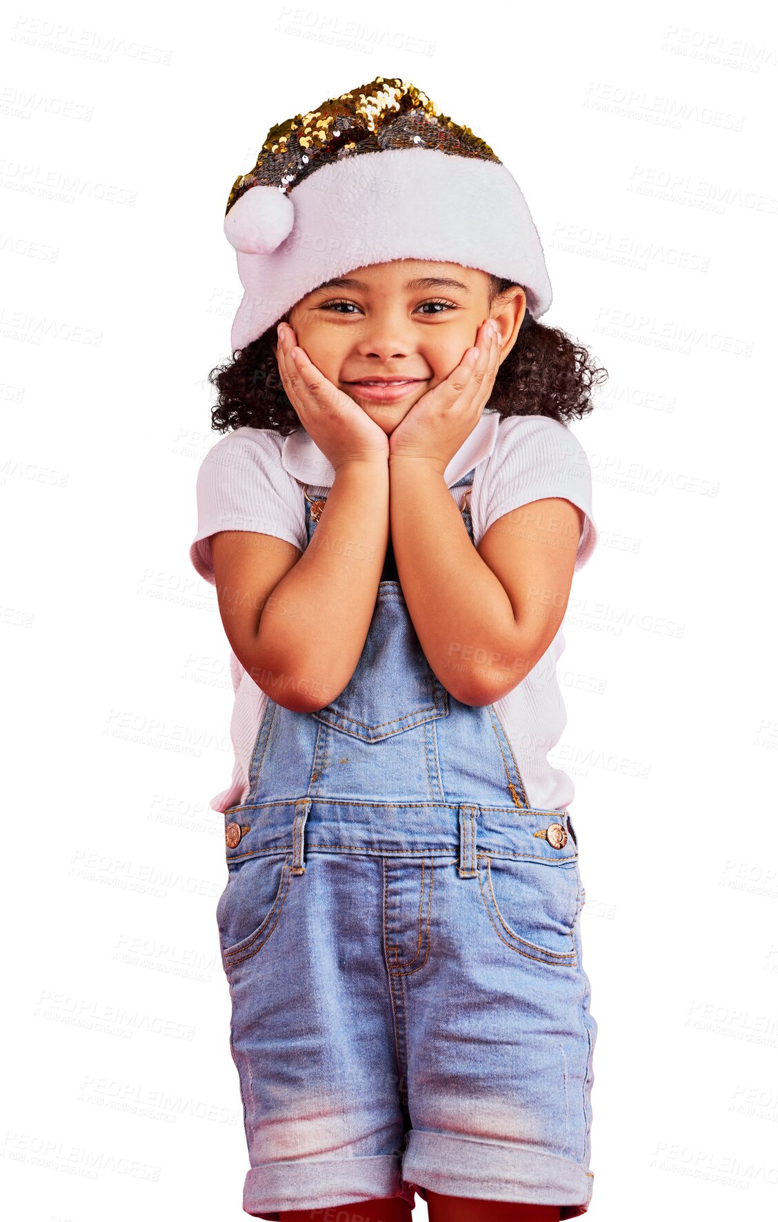 Buy stock photo Little girl, happy and portrait smile for Christmas, celebration or festive isolated on a transparent png background. Smile, child and excited for a fun holiday, vacation or season with a hat