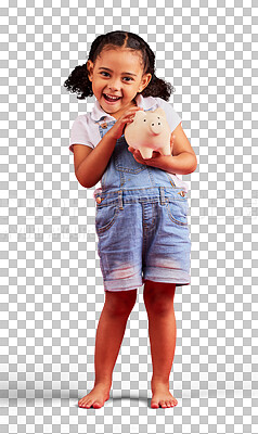 Buy stock photo Excited, portrait and girl with a piggy bank, investment and finance isolated on a transparent background. Future, kid and female child with investment, happy and cash box with png, savings or budget