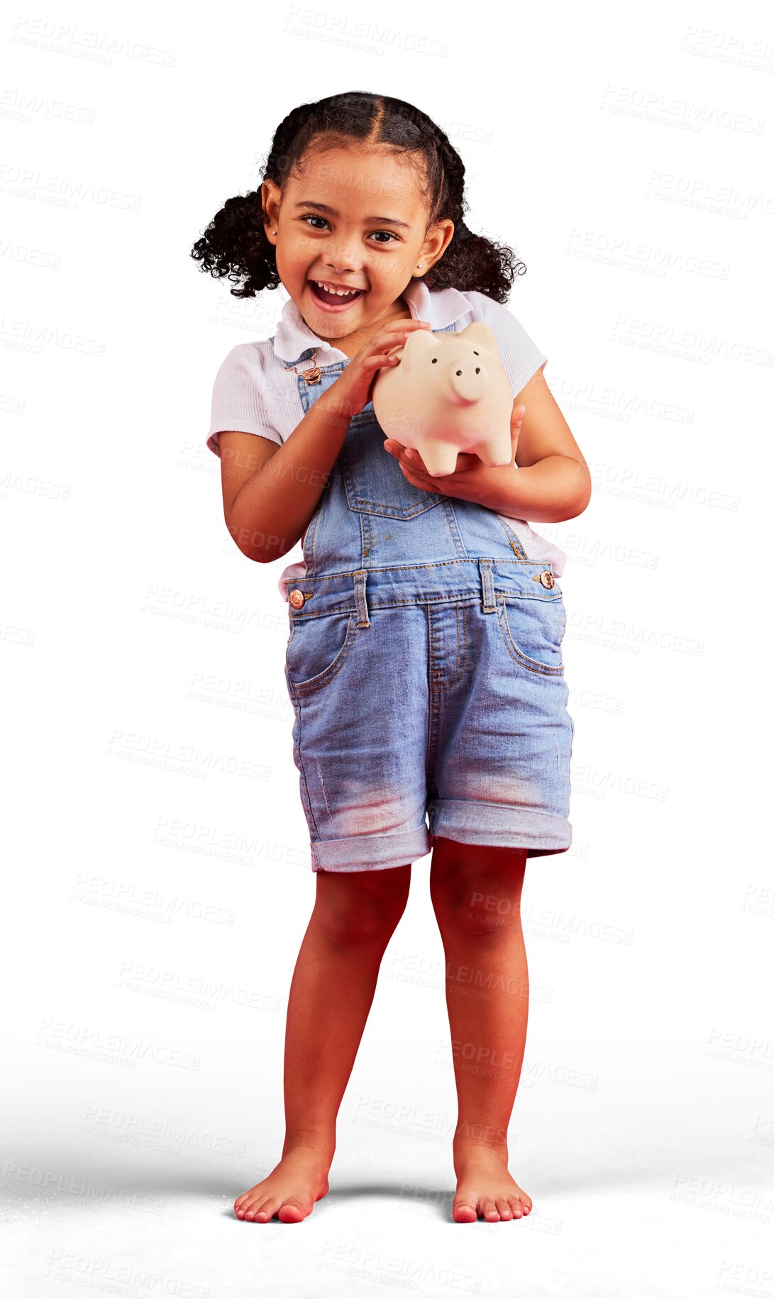Buy stock photo Excited, portrait and girl with a piggy bank, investment and finance isolated on a transparent background. Future, kid and female child with investment, happy and cash box with png, savings or budget