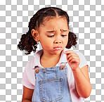 Child, sad and finger injury with plaster on isolated red backgr