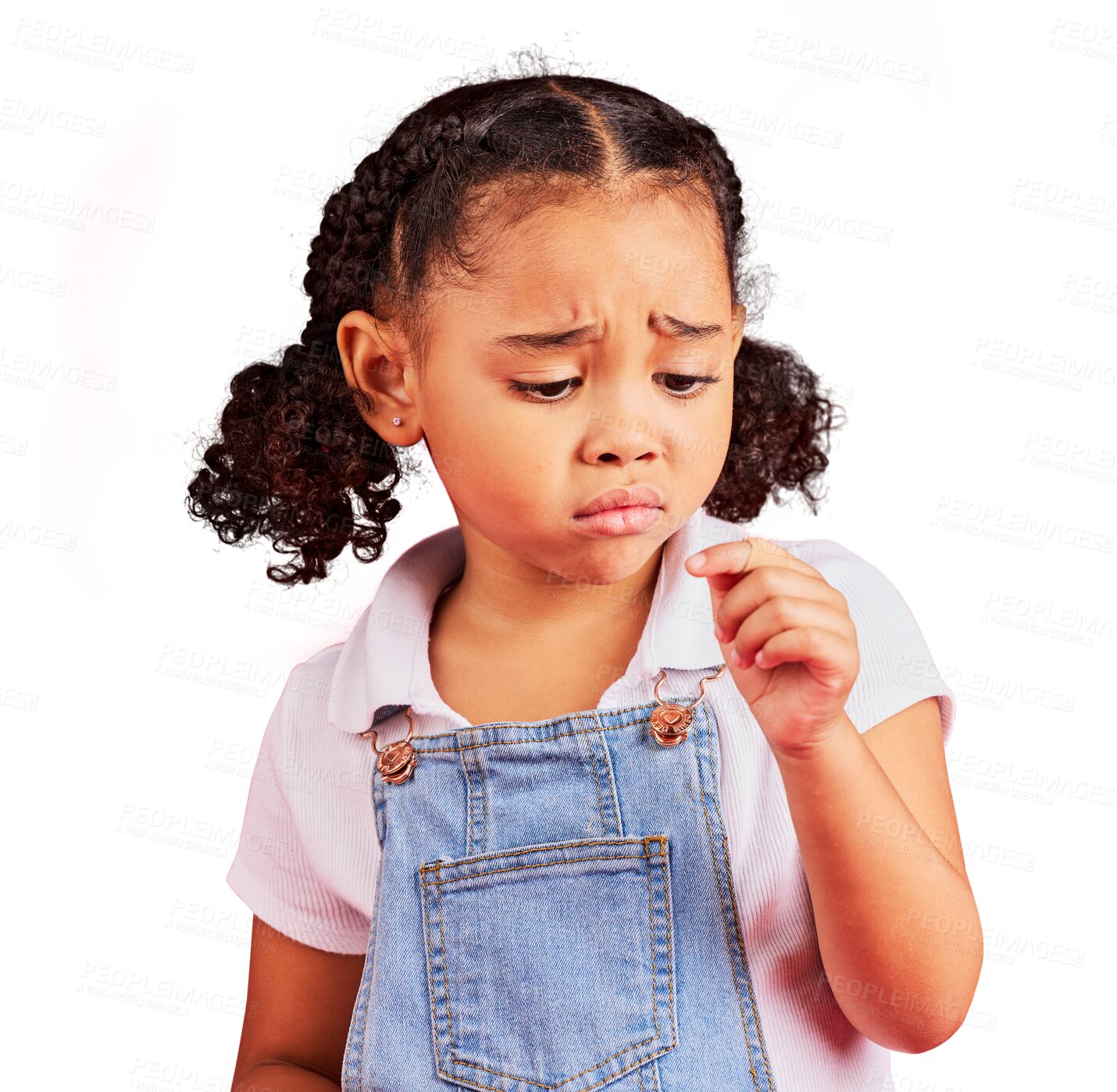 Buy stock photo Sad, child and injury for finger with plaster in png or transparent and isolated background with face of fear. Hand, injury and upset or hurt kid unhappy with bandage for pain and first aid.