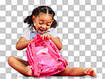 School, bag and red background with a student black girl in stud