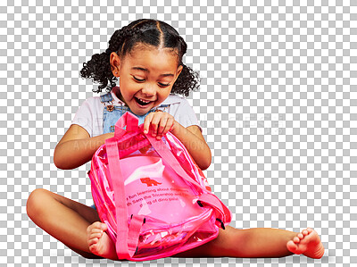 Buy stock photo School, bag and girl with happiness, excited and education isolated against a transparent background. Female kid, happy student or child with a backpack, playful and learning with png, fun and growth