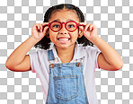 Excited child, portrait or fashion glasses on red background in