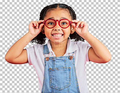 Buy stock photo Excited child, portrait or fashion glasses standing isolated on a transparent PNG background. Happy little girl with smile, spectacles or frames on face for vision, eyesight or support for eye care