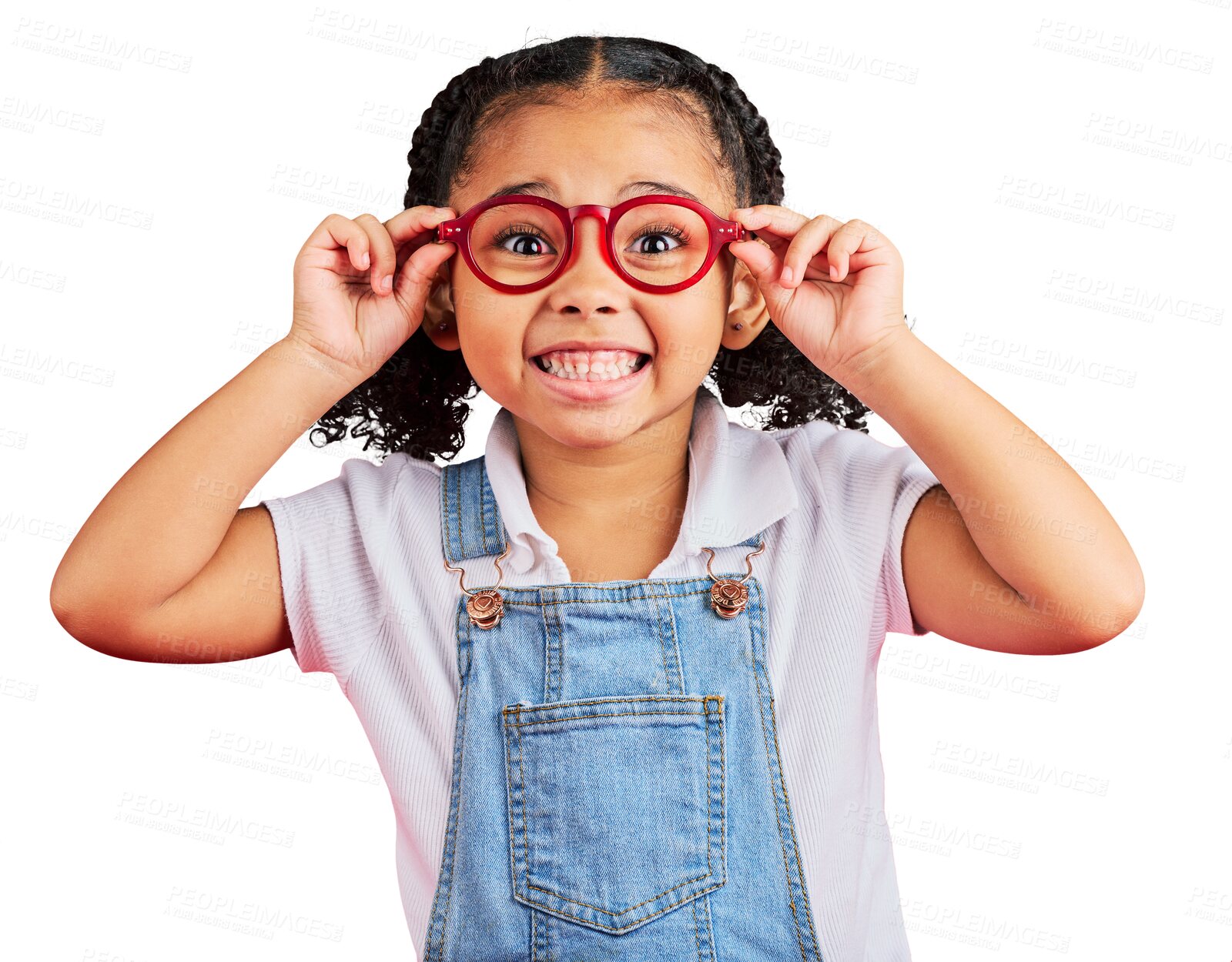 Buy stock photo Excited child, portrait or fashion glasses standing isolated on a transparent PNG background. Happy little girl with smile, spectacles or frames on face for vision, eyesight or support for eye care