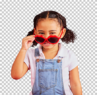 Buy stock photo Portrait, smile and girl with fashion, sunglasses and excited kid isolated on a transparent background. Face, female child and model with funky eyewear, summer trend and png with happiness and style