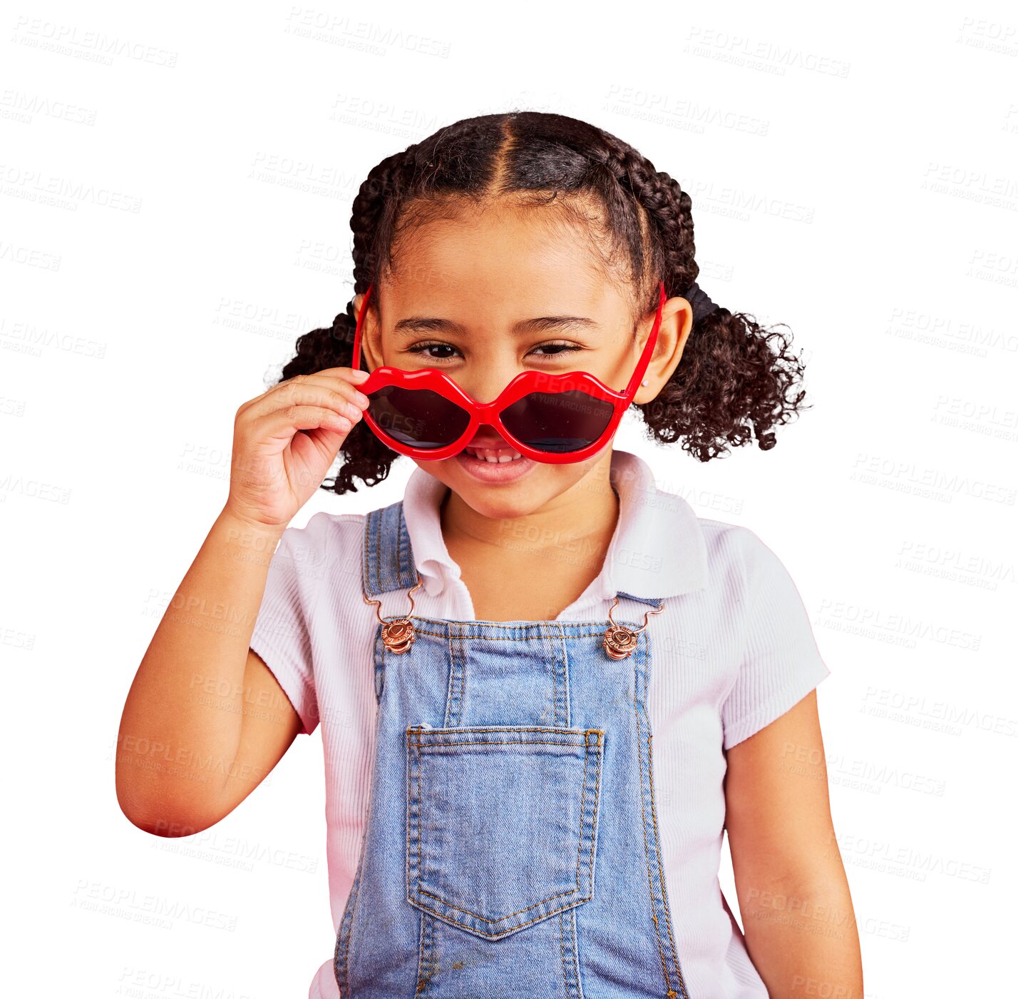 Buy stock photo Portrait, smile and girl with fashion, sunglasses and excited kid isolated on a transparent background. Face, female child and model with funky eyewear, summer trend and png with happiness and style