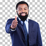 Thumbs up, business portrait and happy black man in studio for yes review, thank you and trust. Corporate male, model and thumb gesture for support, like emoji and motivation of agreement, ok or vote