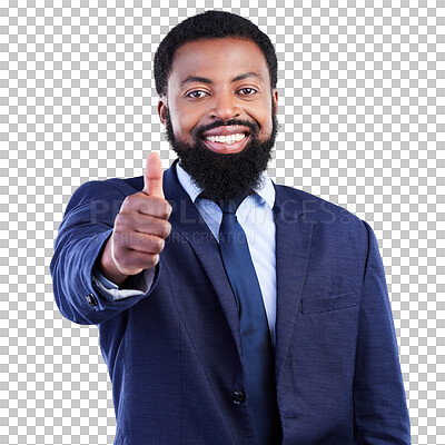 Buy stock photo Thumbs up portrait, business and happy black man for yes review, thank you and trust. Corporate male, African employee and an emoji gesture for support isolated on a transparent png background