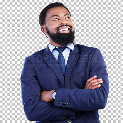 Buy stock photo Thinking, ideas and African businessman with crossed arms for confidence, leadership and vision. Happy, success and male lawyer in suit with positive mindset isolated by a transparent png background.