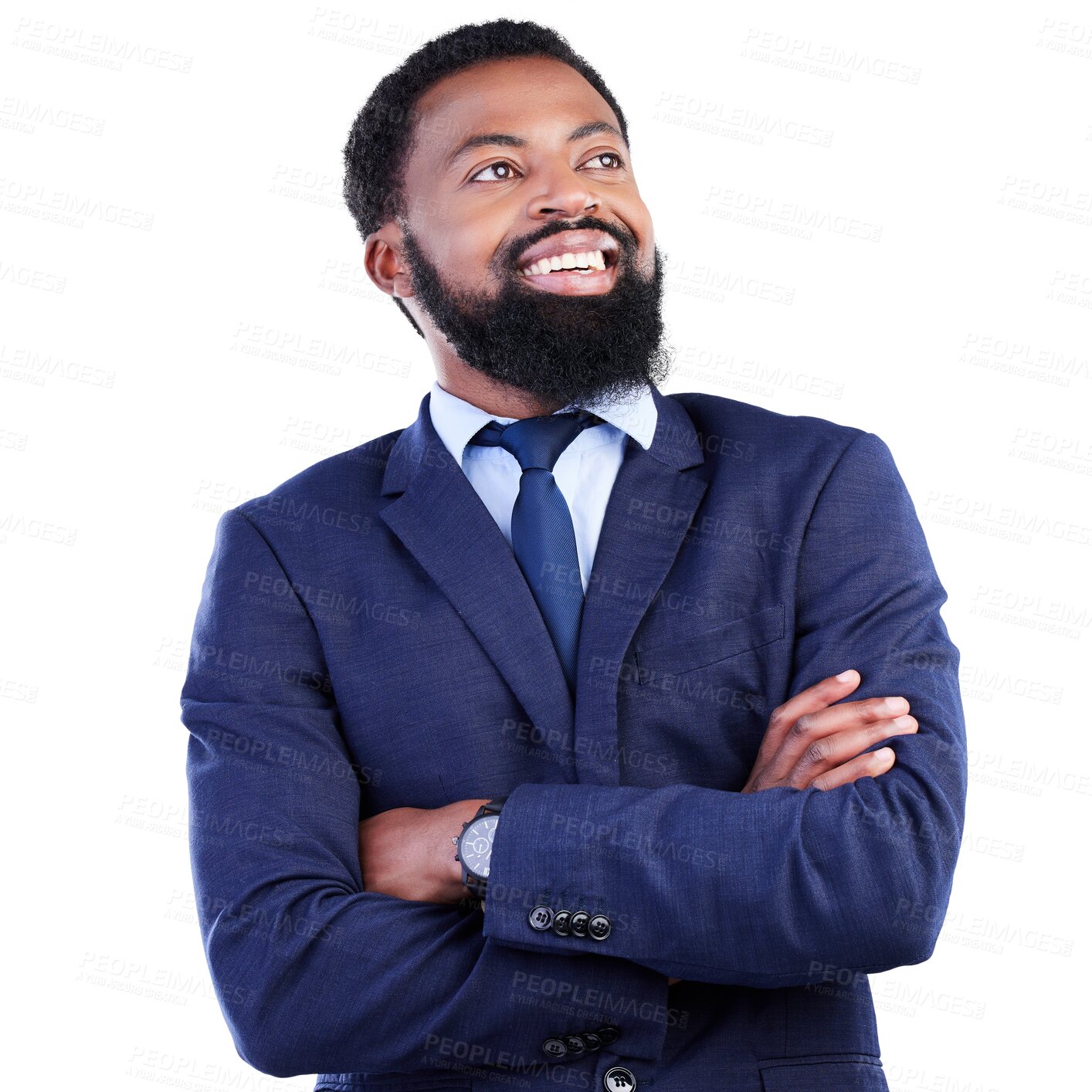 Buy stock photo Thinking, ideas and African businessman with crossed arms for confidence, leadership and vision. Happy, success and male lawyer in suit with positive mindset isolated by a transparent png background.