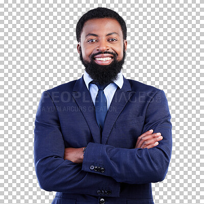 Buy stock photo Success, portrait and African businessman with crossed arms for confidence, leadership and vision. Happy, smile and male lawyer in suit with positive mindset isolated by a transparent png background.