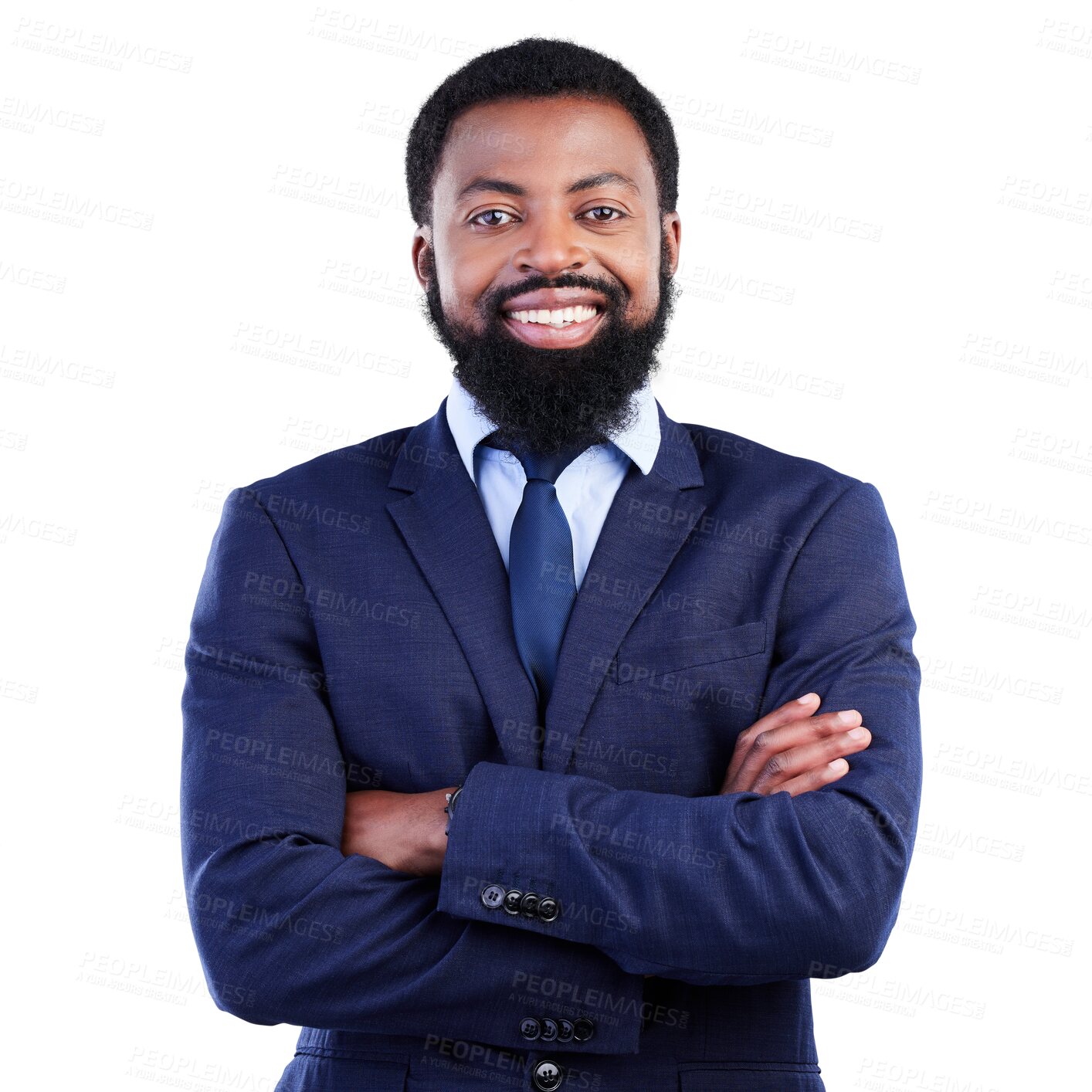 Buy stock photo Success, portrait and African businessman with crossed arms for confidence, leadership and vision. Happy, smile and male lawyer in suit with positive mindset isolated by a transparent png background.