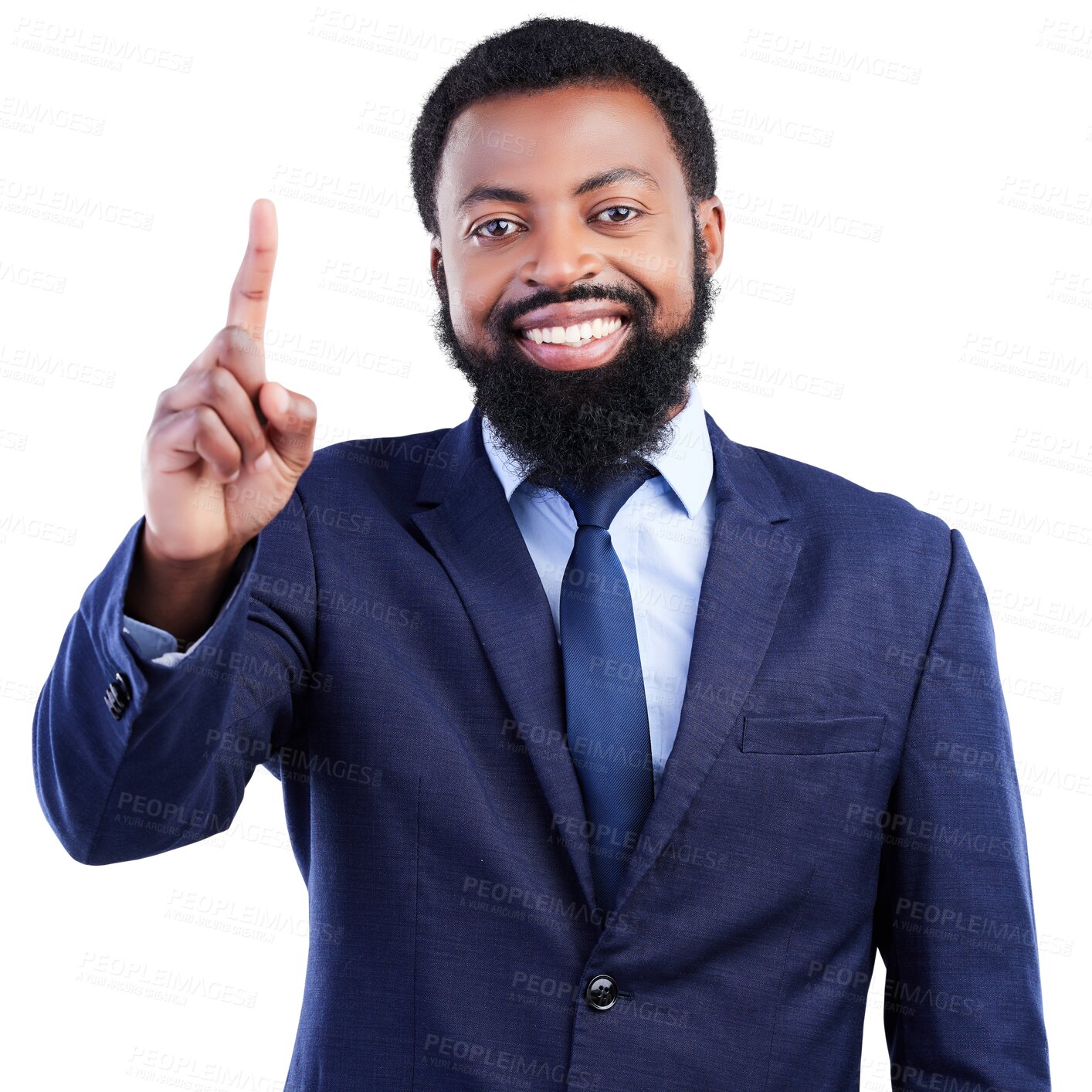 Buy stock photo Portrait, business and number one with black man with smile in png or isolated and transparent background with lawyer. Professional male, success and happy with finger up to volunteer for job.