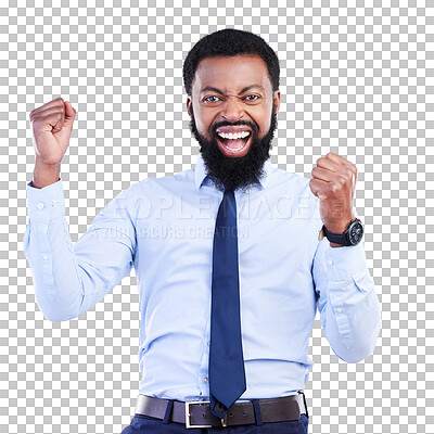 Buy stock photo Success, portrait and professional with celebration for black man in png or isolated or transparent background with lawyer. Winner, excited and face with promotion for business person for opportunity