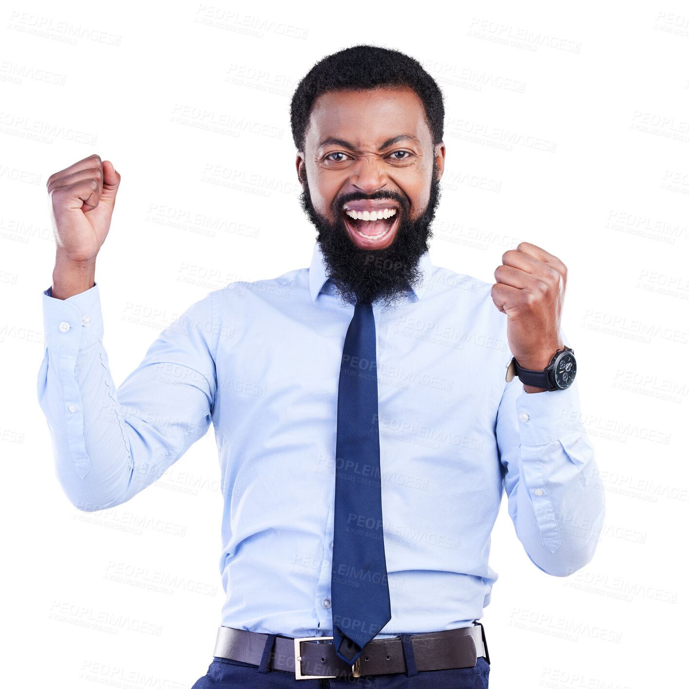 Buy stock photo Success, portrait and professional with celebration for black man in png or isolated or transparent background with lawyer. Winner, excited and face with promotion for business person for opportunity