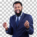 Yes, winner face and business black man isolated on gray background in celebration for opportunity, bonus or winning. Happy person, fist pump and celebrate corporate promotion or job news in studio