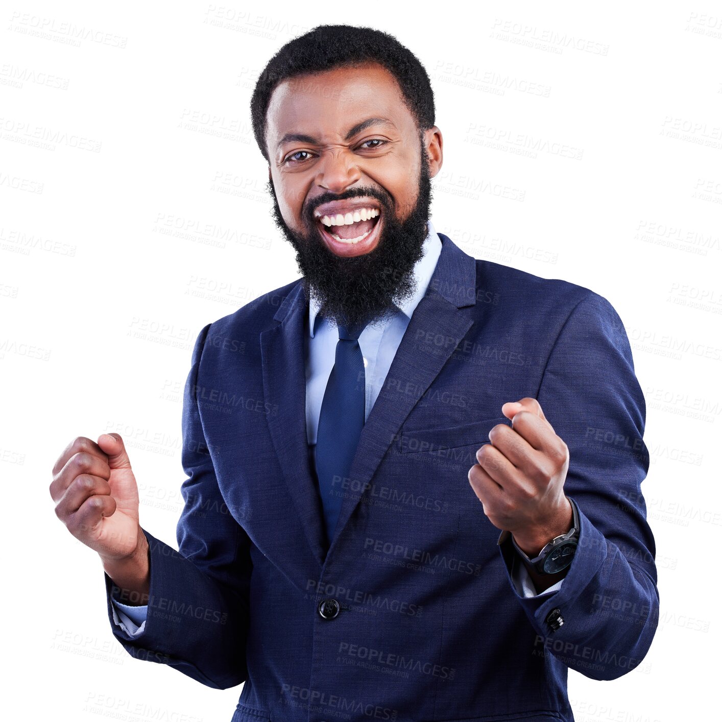 Buy stock photo Portrait, success and winner with professional or black man in png or isolated or transparent background with lawyer. Excited, yes and face with business person for celebration with promotion at job.