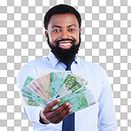 Finance, money and portrait of black man in studio for winner, investment and wealthy. Success, payment and profit with male holding cash isolated on white background for cashback, salary and rich