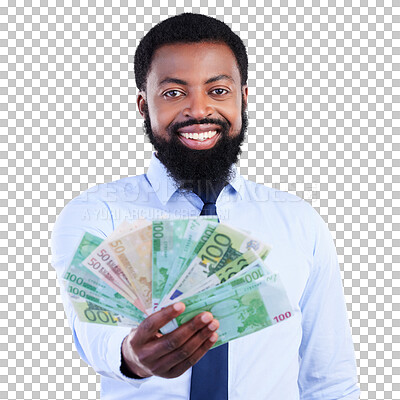 Buy stock photo Money, fan and business man in portrait isolated on transparent, png background of winning, cash or lottery offer. Face, investment and rich african person or winner bonus, cashback or financial loan