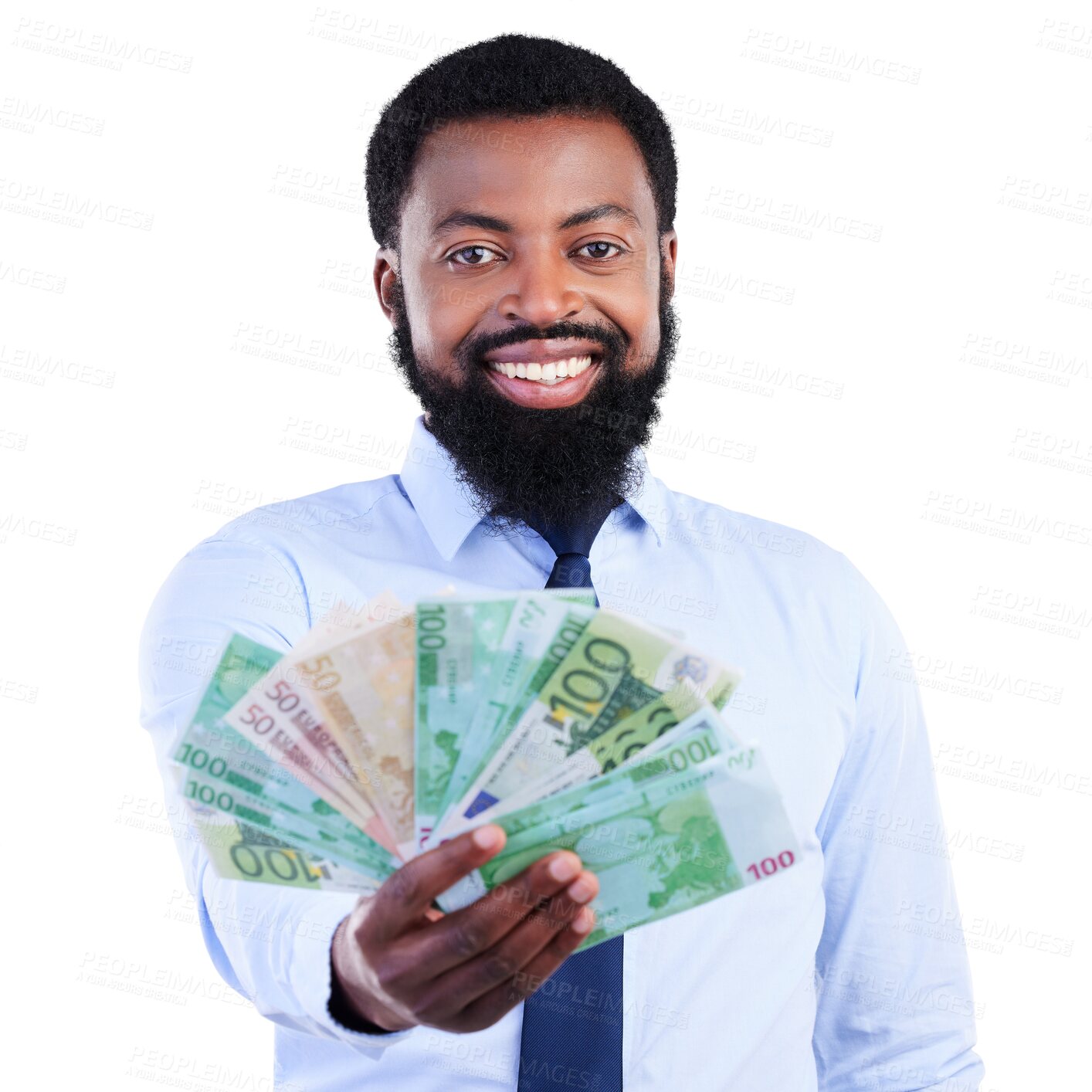 Buy stock photo Money, fan and business man in portrait isolated on transparent, png background of winning, cash or lottery offer. Face, investment and rich african person or winner bonus, cashback or financial loan