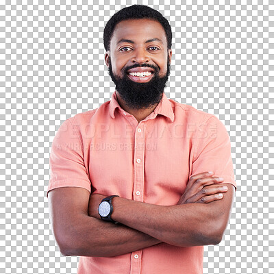 Buy stock photo Smile, black man and portrait with arms crossed, fashion and isolated on transparent png background. Face, confidence and happy African person from Nigeria with happiness and pride in casual clothes