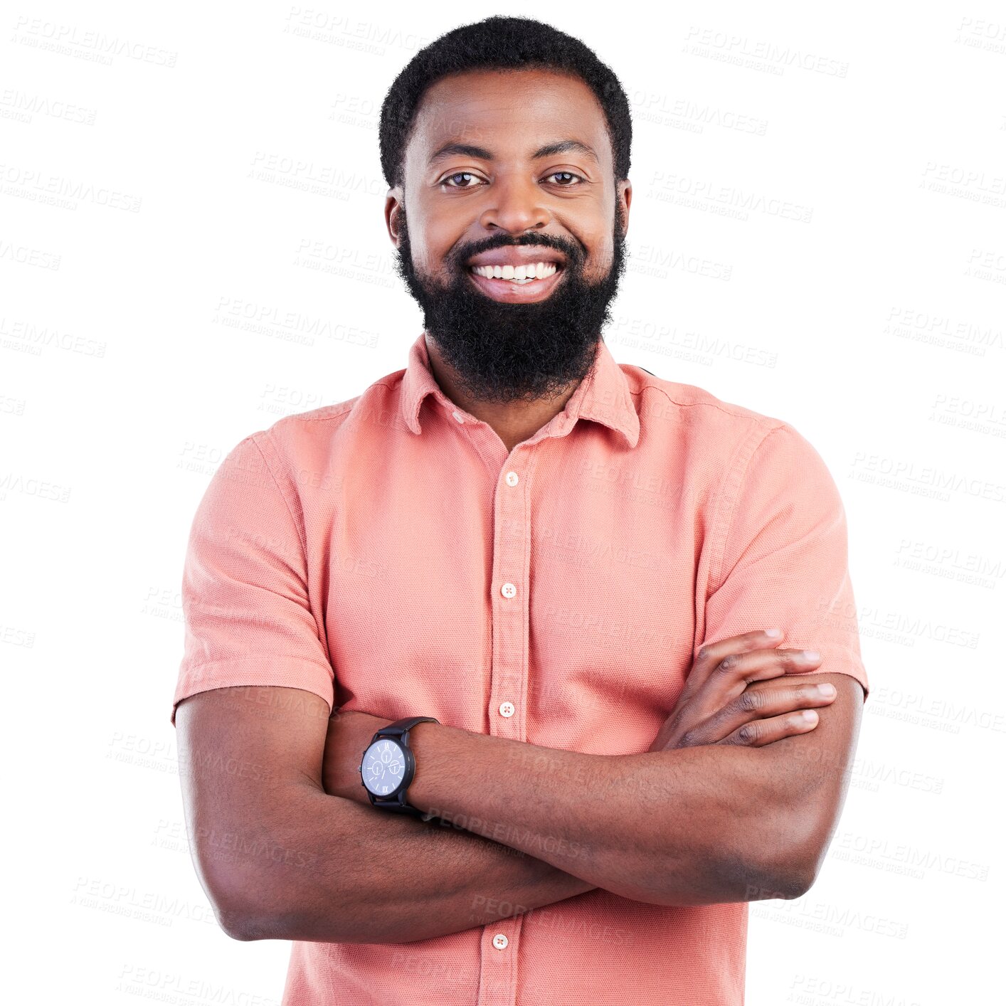 Buy stock photo Smile, black man and portrait with arms crossed, fashion and isolated on transparent png background. Face, confidence and happy African person from Nigeria with happiness and pride in casual clothes