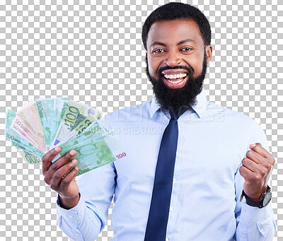 Buy stock photo Money, winner portrait and business man isolated on transparent, png background for winning cash or lottery prize. Face, investment and african person with yes for bonus, cashback or financial profit