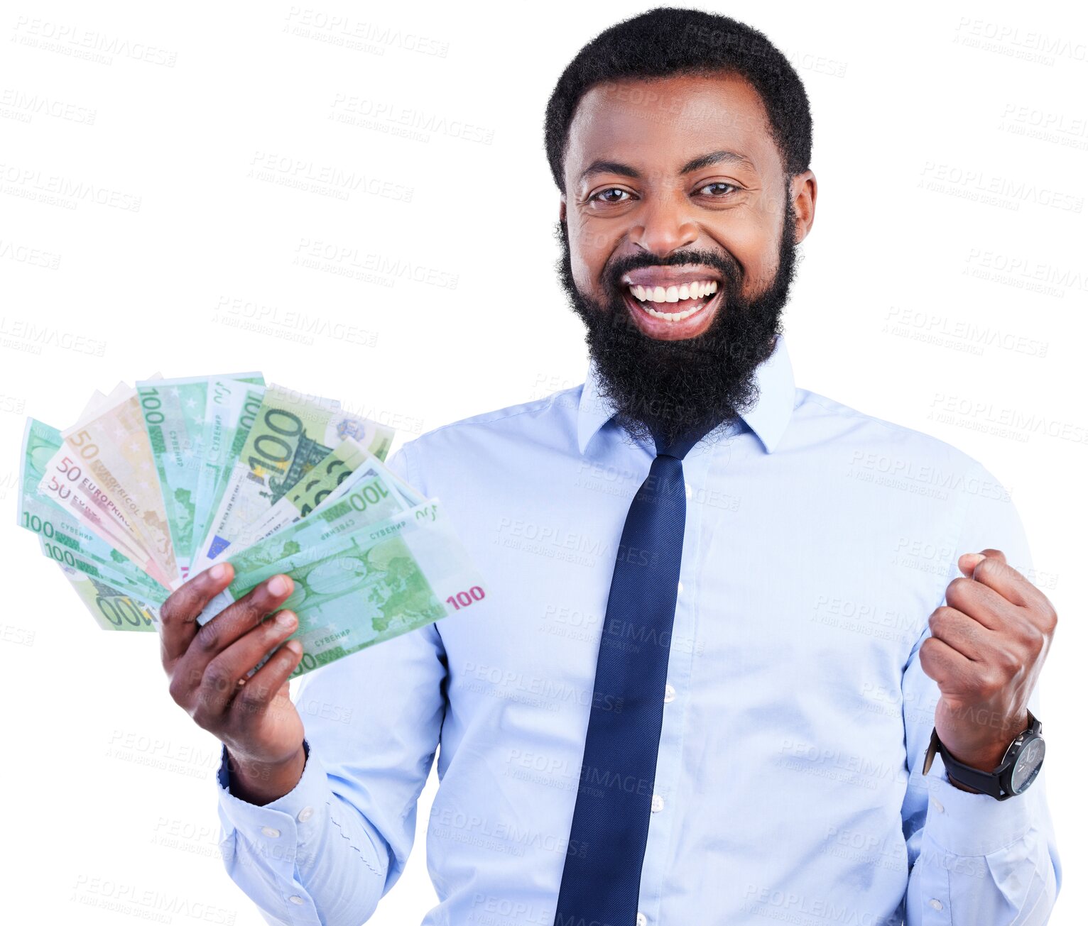 Buy stock photo Money, winner portrait and business man isolated on transparent, png background for winning cash or lottery prize. Face, investment and african person with yes for bonus, cashback or financial profit