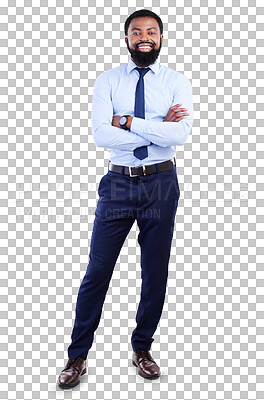 Buy stock photo Portrait, pride and black man with arms crossed for business and professional corporate job. Smile, African and male entrepreneur consultant with confidence isolated on a transparent png background