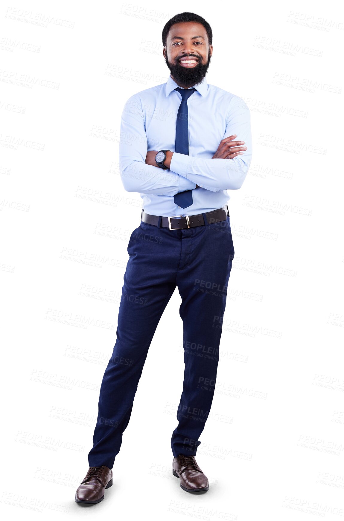 Buy stock photo Portrait, pride and black man with arms crossed for business and professional corporate job. Smile, African and male entrepreneur consultant with confidence isolated on a transparent png background