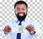 Winning money, portrait or black man happy for lotto award, studio competition prize or cash dollar bills. Bank loan, salary payment or winner of bonus, profit or sales isolated on gray background