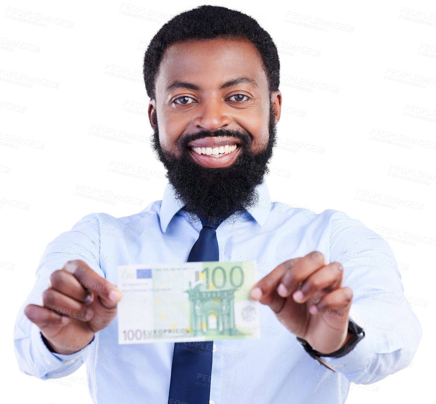 Buy stock photo Money, cash and business man in portrait isolated on transparent, png background for bank or lottery offer. Face, investment and african person for bonus, savings and investing profit or finance loan