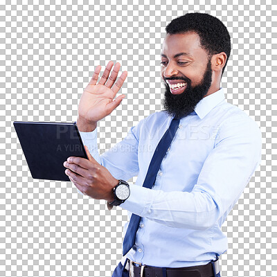 Tablet, video call and man isolated on gray background in online meeting, global networking and business webinar. African corporate person waves hello on digital tech, virtual communication in studio