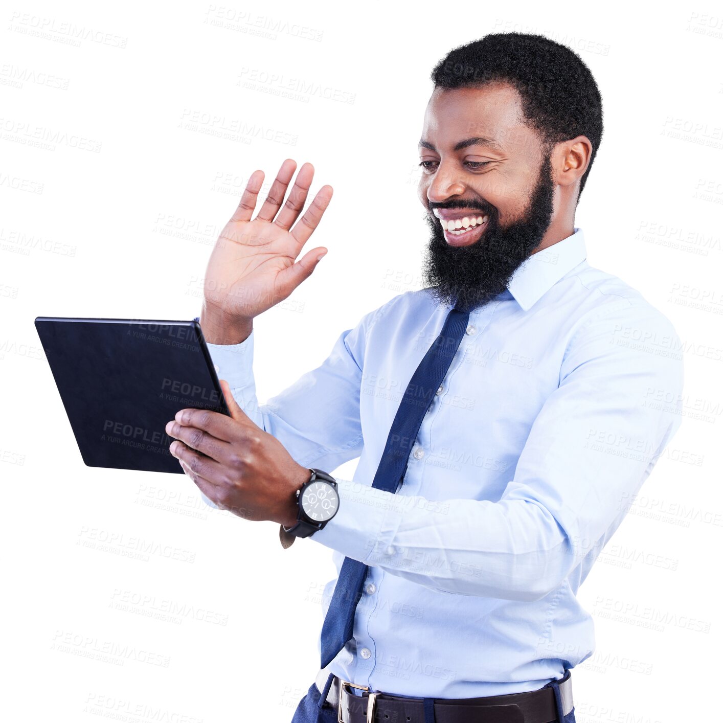 Buy stock photo Tablet, video call and business man wave hello in online meeting or webinar isolated on transparent png background. Networking, virtual communication or corporate African person on digital technology