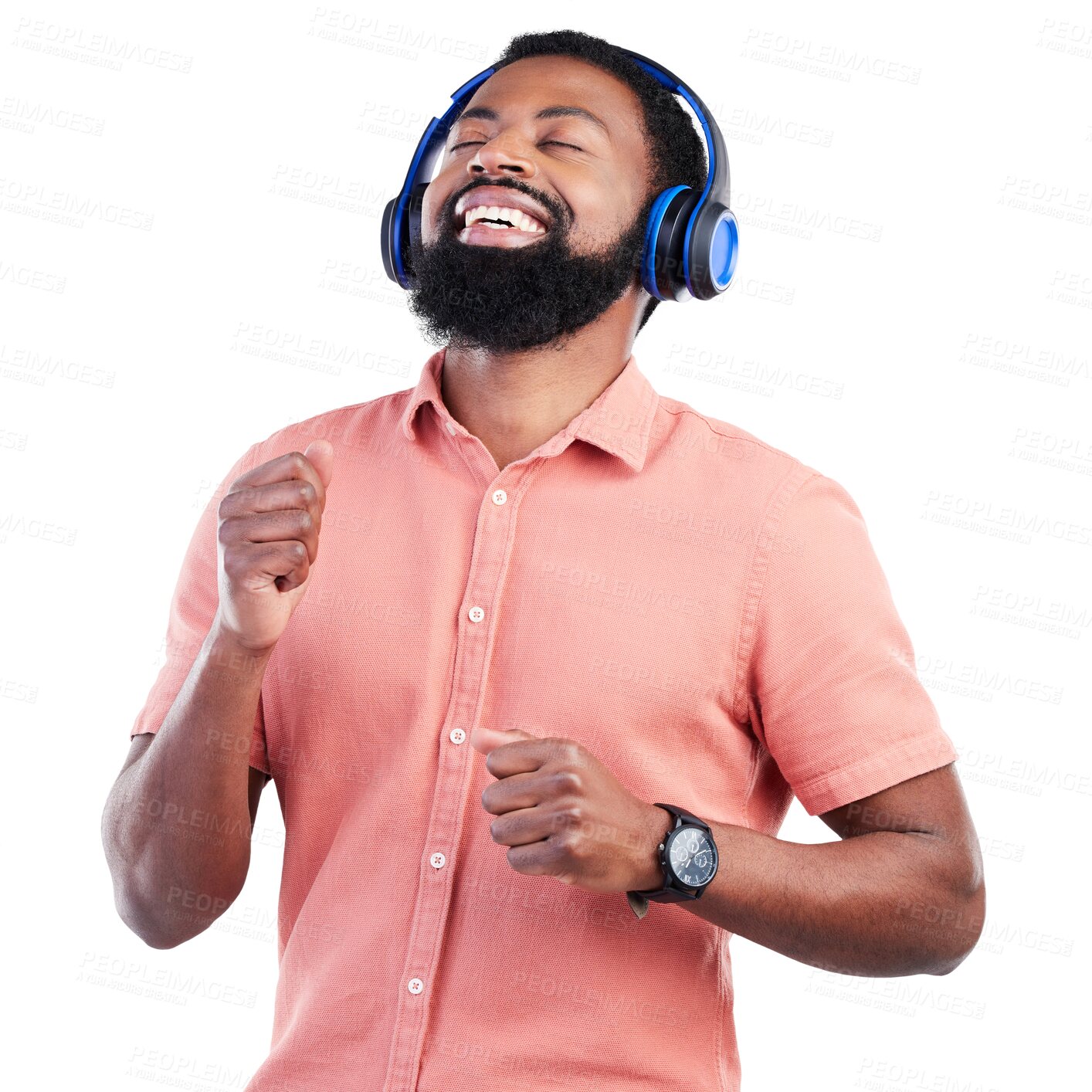 Buy stock photo Music headphones, happy dance and man, streaming service or comedy podcast with energy in creative inspiration. Dancing, audio tech and african person listening isolated on transparent png background