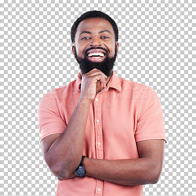 Buy stock photo Happy, smile and portrait of an African man with a positive, good and confident mindset. Happiness, excited and young male model in a casual outfit for fashion isolated by transparent png background.