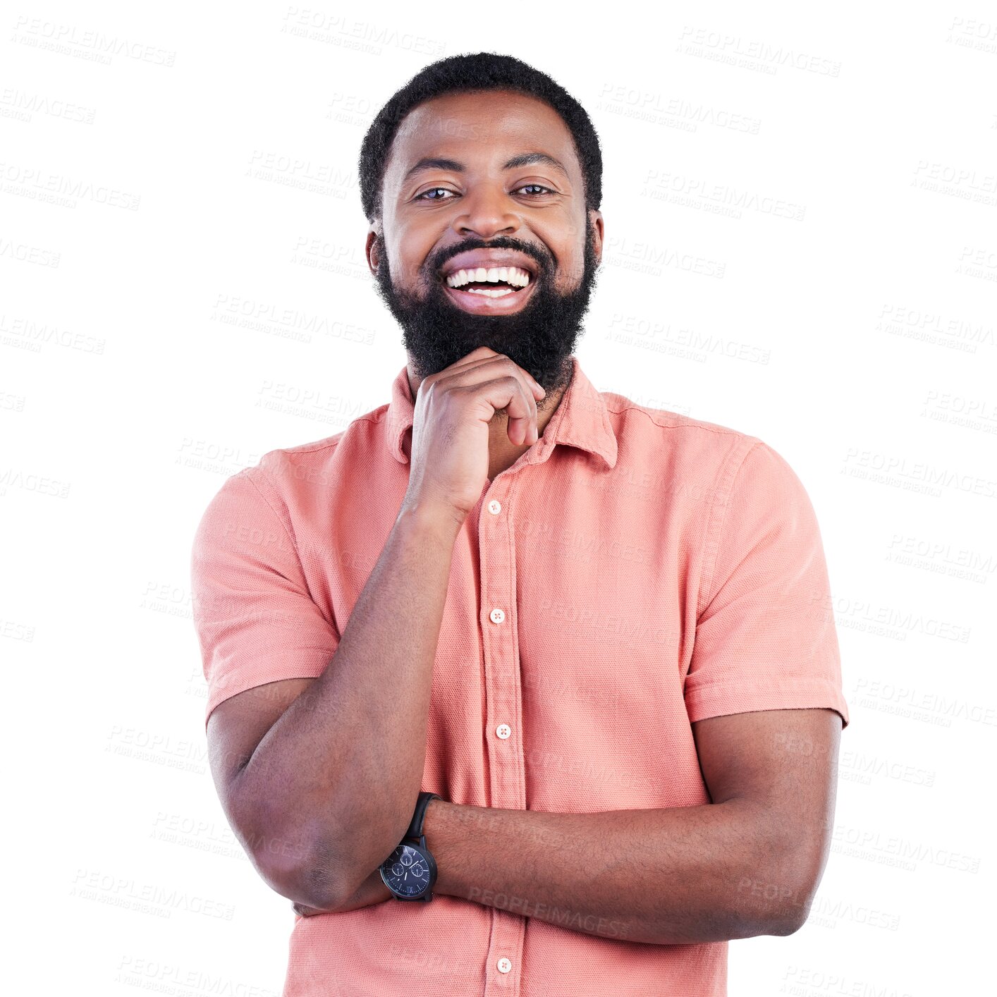 Buy stock photo Happy, smile and portrait of an African man with a positive, good and confident mindset. Happiness, excited and young male model in a casual outfit for fashion isolated by transparent png background.