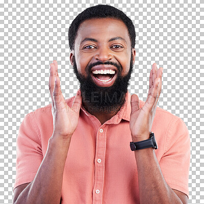 Buy stock photo Happy, excited and portrait of an African man with a positive, good and confident mindset. Happiness, smile and young male model in a casual outfit for fashion isolated by transparent png background.